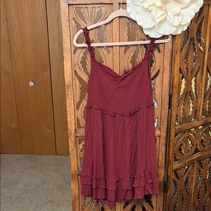 Ruffled Smocked Bodice Mini Dress - Burgundy